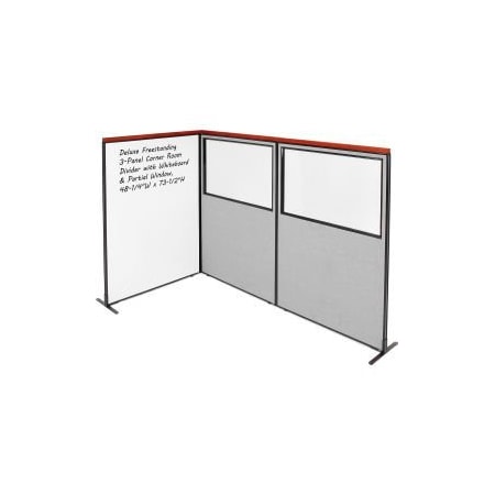 Global Equipment Interion Deluxe Freestanding 3-Panel Corner w/Whiteboard Partial Window 48-1/4Wx73-1/2H Gray 695190GY